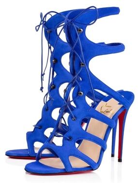 Christian Louboutin Amazoulo 100 Electric Blue Lace Up Tie Sandal Heel Pump 35